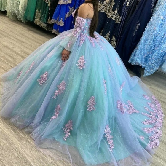 Light Green Shiny Off The Shoulder Quinceanera Dresses Tulle Appliques Beading Pageant Lace Up Vestidos De 15 Anos