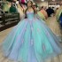 Light Green Shiny Off The Shoulder Quinceanera Dresses Tulle Appliques Beading Pageant Lace Up Vestidos De 15 Anos