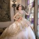 Long Sleeves Champagne Shiny Quinceanera Dress Ball Gown Gold Lace Applique Pearls Ruffles Corset Sweet 16 Vestidos De XV 15Anos