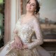 Long Sleeves Champagne Shiny Quinceanera Dress Ball Gown Gold Lace Applique Pearls Ruffles Corset Sweet 16 Vestidos De XV 15Anos