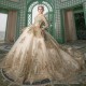 Long Sleeves Champagne Shiny Quinceanera Dress Ball Gown Gold Lace Applique Pearls Ruffles Corset Sweet 16 Vestidos De XV 15Anos