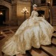 Long Sleeves Luxury Tulle Ball Gown Champagne Quinceanera Dresses Gold Appliques Beads Tull Vestido De 15 Anos