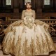 Long Sleeves Luxury Tulle Ball Gown Champagne Quinceanera Dresses Gold Appliques Beads Tull Vestido De 15 Anos