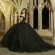 Luxury Black Quinceanera Dress 2024 Ball Gown Princess Chapel Train Applique Lace Ruffle Sweet 15 16 Birthday Party Gown