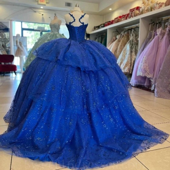 Luxury Blue Shiny Sweetheart Quinceanera Dresses Ball Gown Lace Crystal Beads Sweet 16 Dresses Party Gowns vestidos de 15