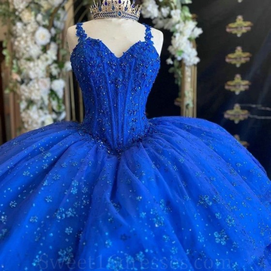 Luxury Blue Shiny Sweetheart Quinceanera Dresses Ball Gown Lace Crystal Beads Sweet 16 Dresses Party Gowns vestidos de 15