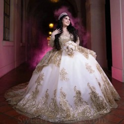 Luxury Champagne Long Sleeve Quinceanera Dresses Beaded Ball Gown Gold Appliques Beads Birthday Party Dress