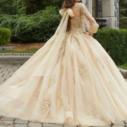 Luxury Champagne Quinceanera Dresses Ball Gown Appliques Lace Beads Tull Long Sleeve Sweet 16 Dress