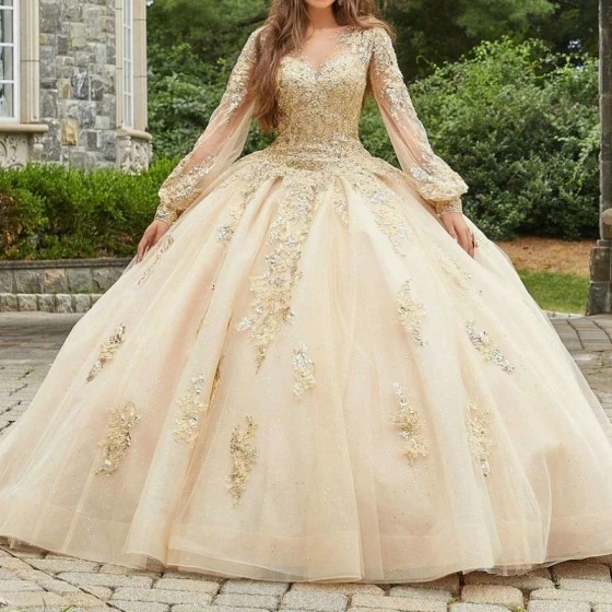 Luxury Champagne Quinceanera Dresses Ball Gown Appliques Lace Beads Tull Long Sleeve Sweet 16 Dress