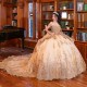 Luxury Champagne Shiny Quinceanera Dresses Gold Lace Applique Pearl Off The Shoulder Sweet 16 Dress vestido de 15 anos Prom