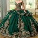 Luxury Emerald Green Shiny Princess Ball Gown Quinceanera Dresses 2024 Mexico Gold Appliques Lace Beads Birthday Party For 15th