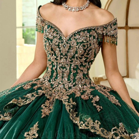 Luxury Emerald Green Shiny Princess Ball Gown Quinceanera Dresses 2024 Mexico Gold Appliques Lace Beads Birthday Party For 15th