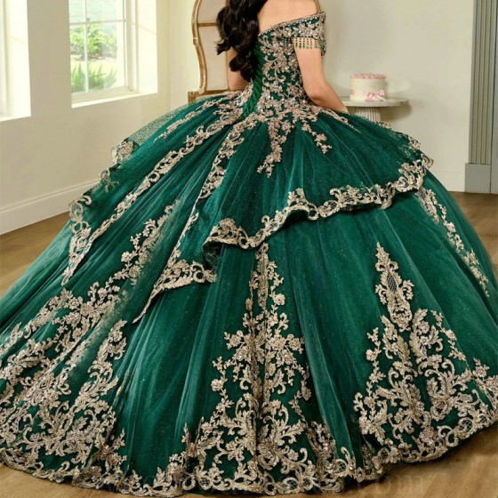 Luxury Emerald Green Shiny Princess Ball Gown Quinceanera Dresses 2024 Mexico Gold Appliques Lace Beads Birthday Party For 15th