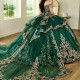 Luxury Emerald Green Shiny Princess Ball Gown Quinceanera Dresses 2024 Mexico Gold Appliques Lace Beads Birthday Party For 15th