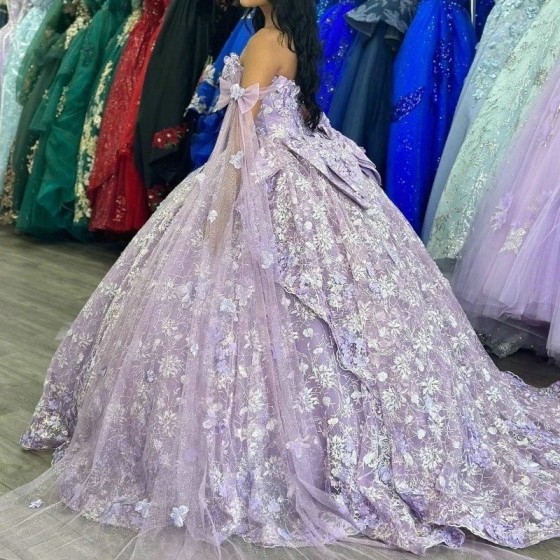 Luxury Glittering Lavender Quinceanera Dresses With Cloak Applique Lace Flower Birthday Party Prom Vestidos De 15 Anos