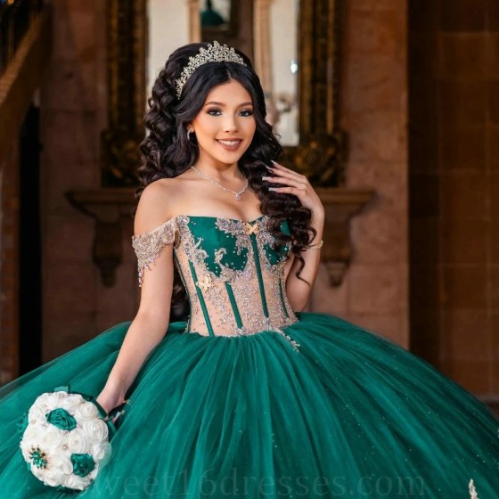 Luxury Green Princess Ball Gown Quinceanera Dresses 2024 Mexico Appliques Lace Beads Tull Birthday Party Vestidos De 15 XV Anos