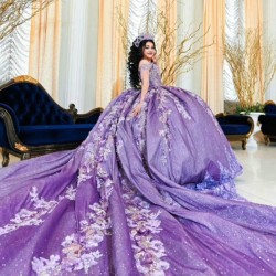 Luxury Lavender Shiny Quinceanera Dress 2024 Princess Applique Lace Beads Sweet 15 16 Birthday Party Gown Vestido De 15 Anos