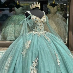 Luxury Light Green Quinceanera Dresses Lace Applique Beads Off The Shoulder With Cape Sweet 16 Dress vestido de 15 anos Prom Gown