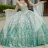 Luxury Light Green Shiny Quinceanera Dresses 2024 Sequin Lace Appliqued Beads Off the Shoulder Ball Gown Sweet 16 Vestidos 15 De