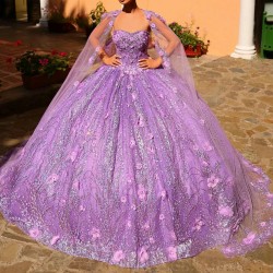 Luxury Lilac Mexican Quinceanera Dress Ball Gown 2024 With Cape Princess Prom Sweet 16 Dress Vestidos De XV Birthday Pageant