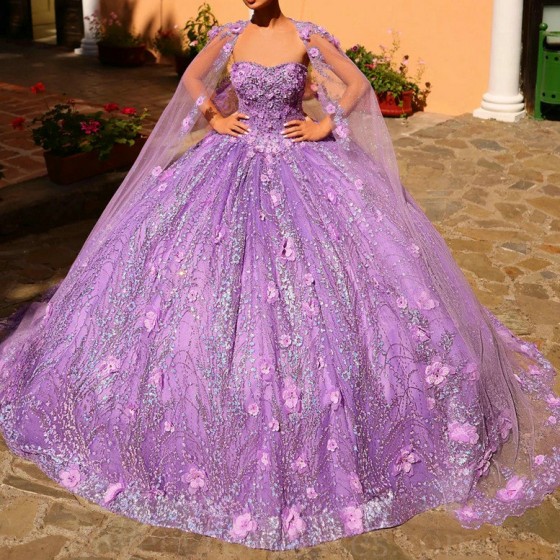 Luxury Lilac Mexican Quinceanera Dress Ball Gown 2024 With Cape Princess Prom Sweet 16 Dress Vestidos De XV Birthday Pageant