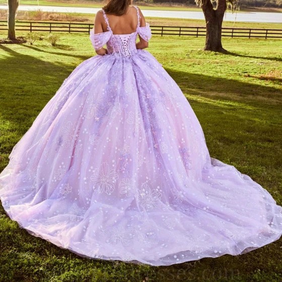 Luxury Lilac Quinceanera Dress Sweetheart Sequin Flowers Beads Tull 2024 Ball Gown Floor Length Sweep Train Vestidos De 15 Anos