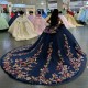 Luxury Navy Blue Glittering Off-Shoulder Quinceanera Dresses Applique Lace Corset Vestidos De 15 Anos Birthday Party Ball Gown