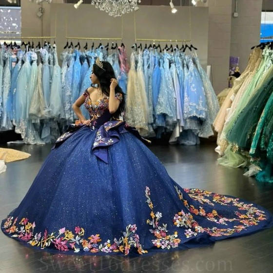 Luxury Navy Blue Glittering Off-Shoulder Quinceanera Dresses Applique Lace Corset Vestidos De 15 Anos Birthday Party Ball Gown