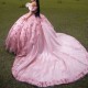 Luxury Pink Mexican Quinceanera Dresses Off The Shoulder Applique Beads Crystal Lace Up Corset Sweet 16 Vestido 15 De Anos