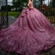 Luxury Pink Shiny Ball Gown Quinceanera Dresses Off Shoulder Appliques Handmade Flowers Beads Tull Corset Vestido De 15 Anos