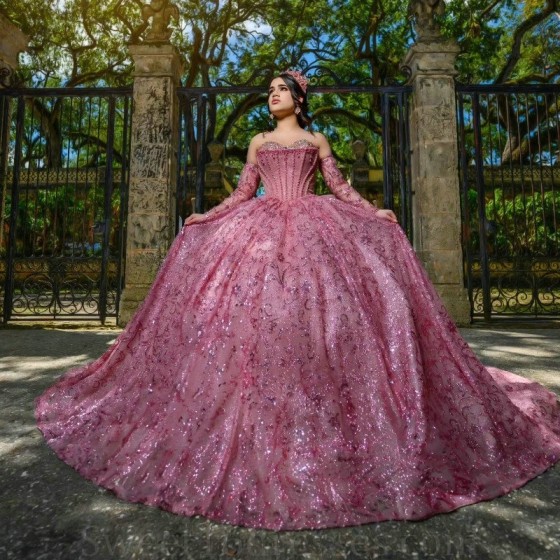 Luxury Pink Shiny Ball Gown Quinceanera Dresses Off Shoulder Appliques Handmade Flowers Beads Tull Corset Vestido De 15 Anos