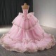 Luxury Pink Shiny Quinceanera Dresses 2024 Gold Lace Appliqued Pearls Tull Off the Shoulder Ball Gown Sweet 15 Vestidos De