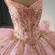 Luxury Pink Shiny Quinceanera Dresses 2024 Gold Lace Appliqued Pearls Tull Off the Shoulder Ball Gown Sweet 15 Vestidos De