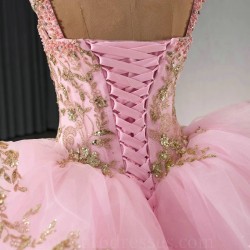 Luxury Pink Shiny Quinceanera Dresses 2024 Gold Lace Appliqued Pearls Tull Off the Shoulder Ball Gown Sweet 15 Vestidos De