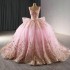 Luxury Pink Shiny Quinceanera Dresses 2024 Gold Lace Appliqued Pearls Tull Off the Shoulder Ball Gown Sweet 15 Vestidos De