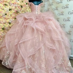 Luxury Pink Shiny Quinceanera Dresses 2024 Lace Appliqued Crystal Tull Off the Shoulder Ball Gown Sweet 16 Vestidos 15 De Quince