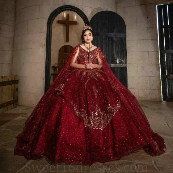 Luxury Red Shiny Ball Gown Quinceanera Dresses Appliques Lace Beads With Cape Formal Prom Graduation Gowns Lace Up Sweet 15 16