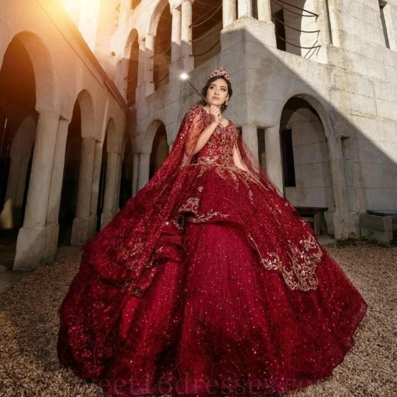 Luxury Red Shiny Ball Gown Quinceanera Dresses Appliques Lace Beads With Cape Formal Prom Graduation Gowns Lace Up Sweet 15 16