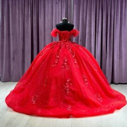 Luxury Red Shiny Sweetheart Ball Gown Sweet 16 Quinceanera Dresses 2024 Off Shoulder Beads Appliques Lace Vestidos De 15 Anos