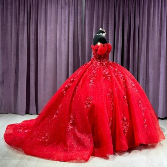 Luxury Red Shiny Sweetheart Ball Gown Sweet 16 Quinceanera Dresses 2024 Off Shoulder Beads Appliques Lace Vestidos De 15 Anos