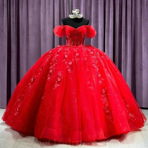 Luxury Red Shiny Sweetheart Ball Gown Sweet 16 Quinceanera Dresses 2024 Off Shoulder Beads Appliques Lace Vestidos De 15 Anos