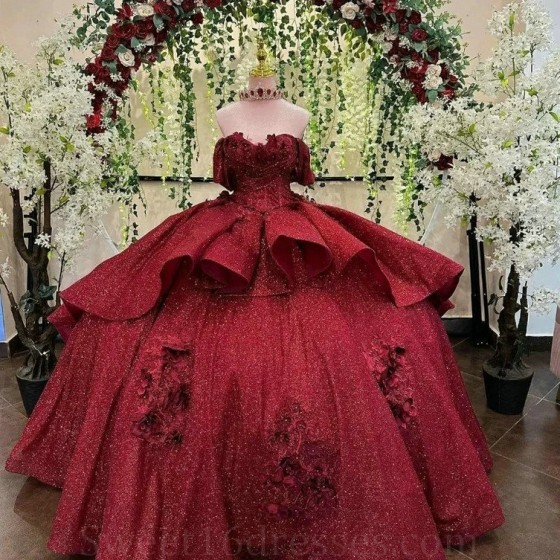 Luxury Red Shiny Sweetheart Quinceanera Dresses Flowers Appliques Lace Flowers Crystal Sweet 16 Prom Party Gowns Vestidos 15 De