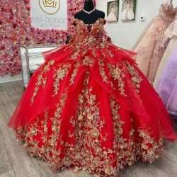 Luxury Red Sweetheart Princess Quinceanera Dresses Off Shoulder Sparkly Appliques Lace Crystal Tull Vestidos De 15 Anos Prom