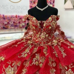 Luxury Red Sweetheart Princess Quinceanera Dresses Off Shoulder Sparkly Appliques Lace Crystal Tull Vestidos De 15 Anos Prom