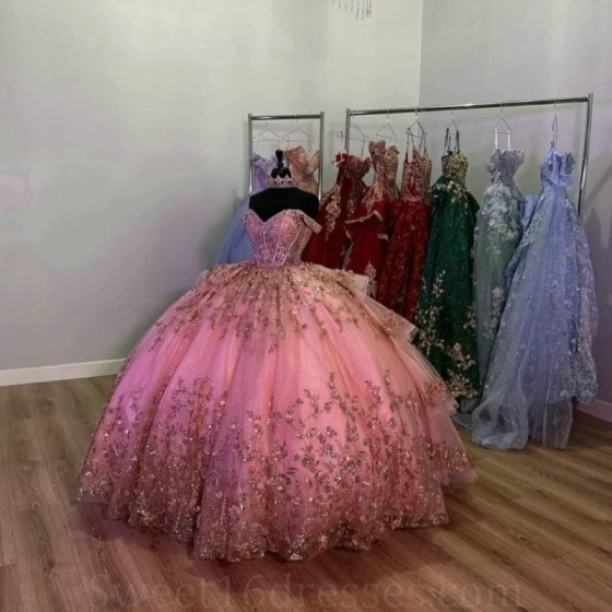 Luxury Rose Red Shiny Sweetheart Princess Quinceanera Dresses Beading Appliques Party Dress Tulle Elegent Sweet Vestido De 15 16