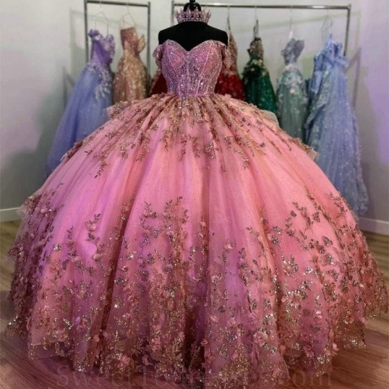 Luxury Rose Red Shiny Sweetheart Princess Quinceanera Dresses Beading Appliques Party Dress Tulle Elegent Sweet Vestido De 15 16