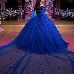 Luxury Royal Blue Quinceanera Dress Ball Gown Off The Shoulder Lace Appliques Beads Tull Sweet 16 Vestidos De 15 Quinceanera