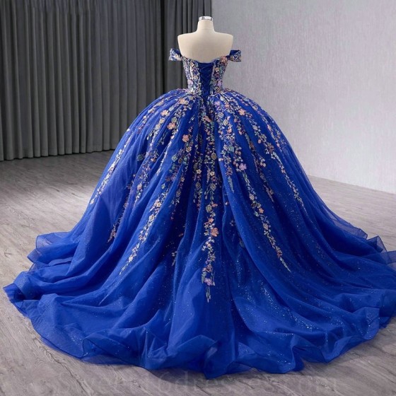 Luxury Royal Blue Shiny Quinceanera Dresses Lace Appliqued Tull Off the Shoulder Ball Gown Sweet 15 Vestidos 16 De Quinceanera