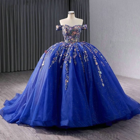 Luxury Royal Blue Shiny Quinceanera Dresses Lace Appliqued Tull Off the Shoulder Ball Gown Sweet 15 Vestidos 16 De Quinceanera