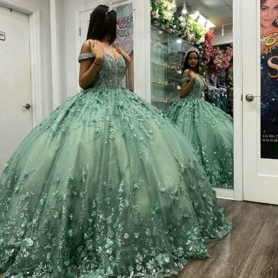 Luxury Sage Shiny Quinceanera Dresses Lace Flower Beads Ball Gown Sweet 16 Year Princess Dress For 15 Years vestidos de anos